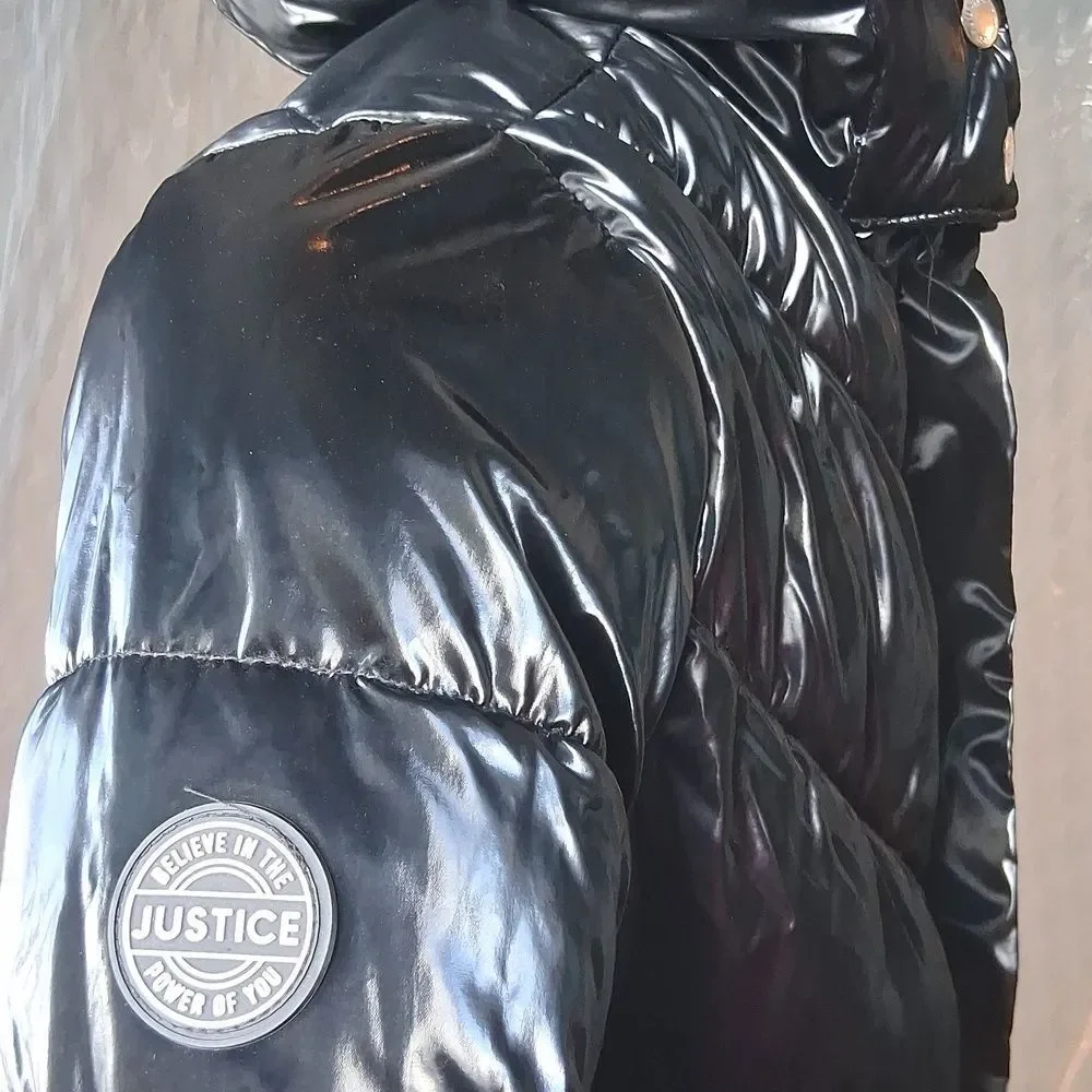 Justice Shiny Black Puffer Jacket with High Collar Sz M-10 Preowned